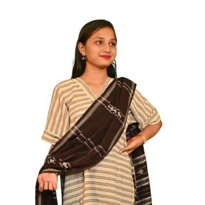 Authentic Kotpad Handwoven Cotton Dupatta – Deep Brown with White Tribal Checks & Motifs | Crafted by Koraput Tribal Artisans