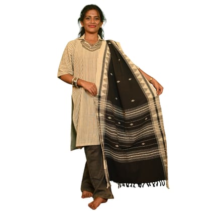 Authentic Kotpad Traditional Cotton Dupatta | Off-White with Maroon & Black Tribal Motifs & Woven Striped Borders | Handwoven by Koraput Tribal Artisans