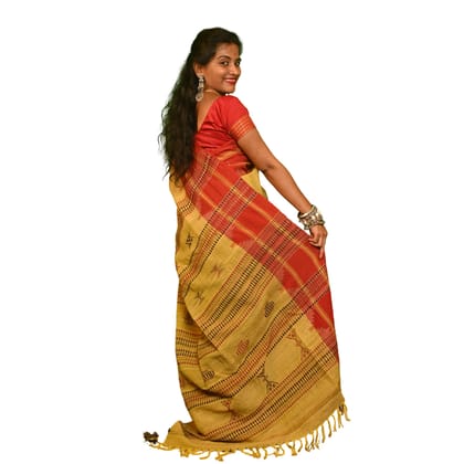 Authentic Kotpad Traditional Tussar Silk Saree | Mustard Yellow with Brown Tribal Motifs & Woven Striped Pallu | Handwoven by Koraput Tribal Artisans