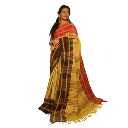 Authentic Kotpad Traditional Tussar Silk Saree | Mustard Yellow with Brown Tribal Motifs & Woven Striped Pallu | Handwoven by Koraput Tribal Artisans