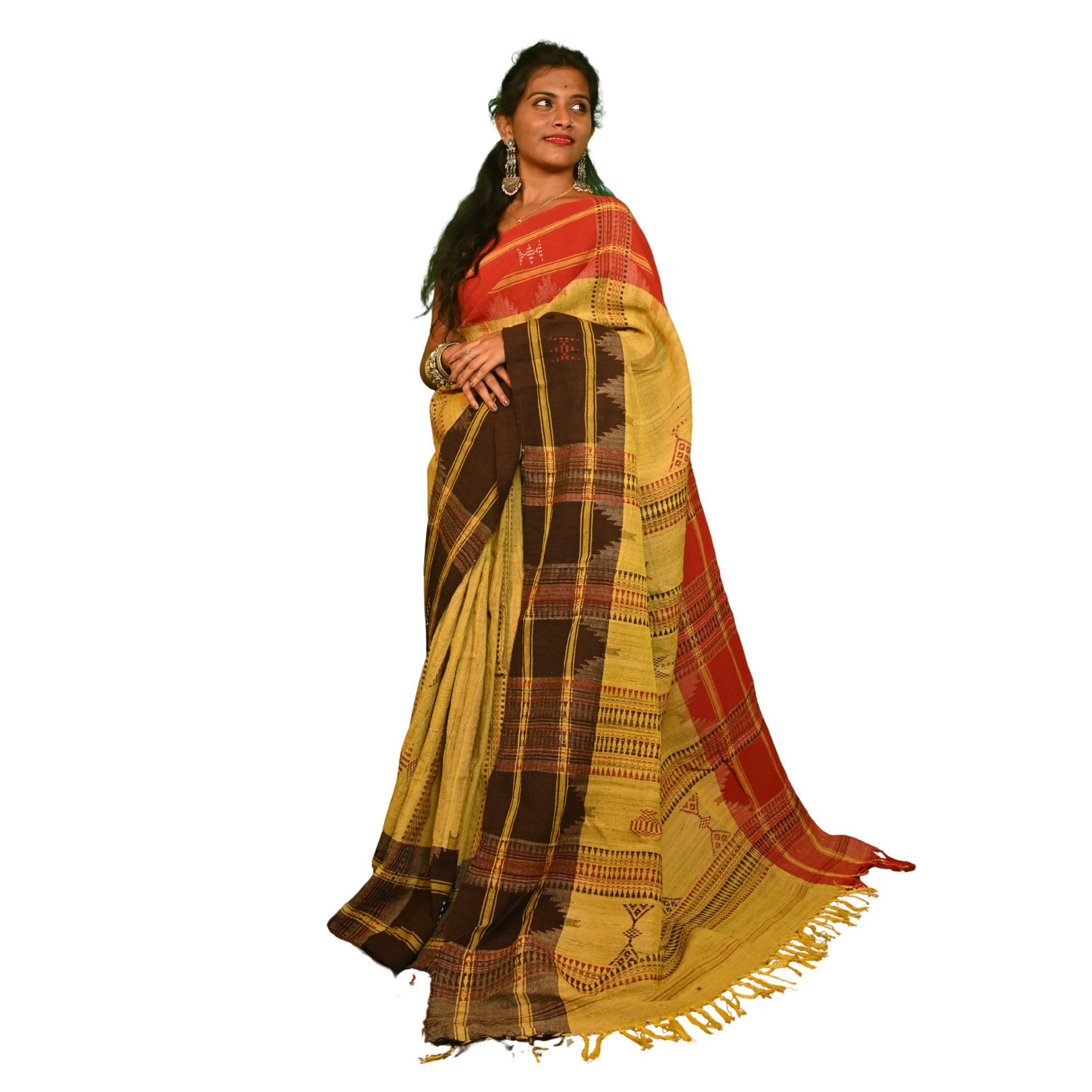 Authentic Kotpad Traditional Tussar Silk Saree | Mustard Yellow with Brown Tribal Motifs & Woven Striped Pallu | Handwoven by Koraput Tribal Artisans