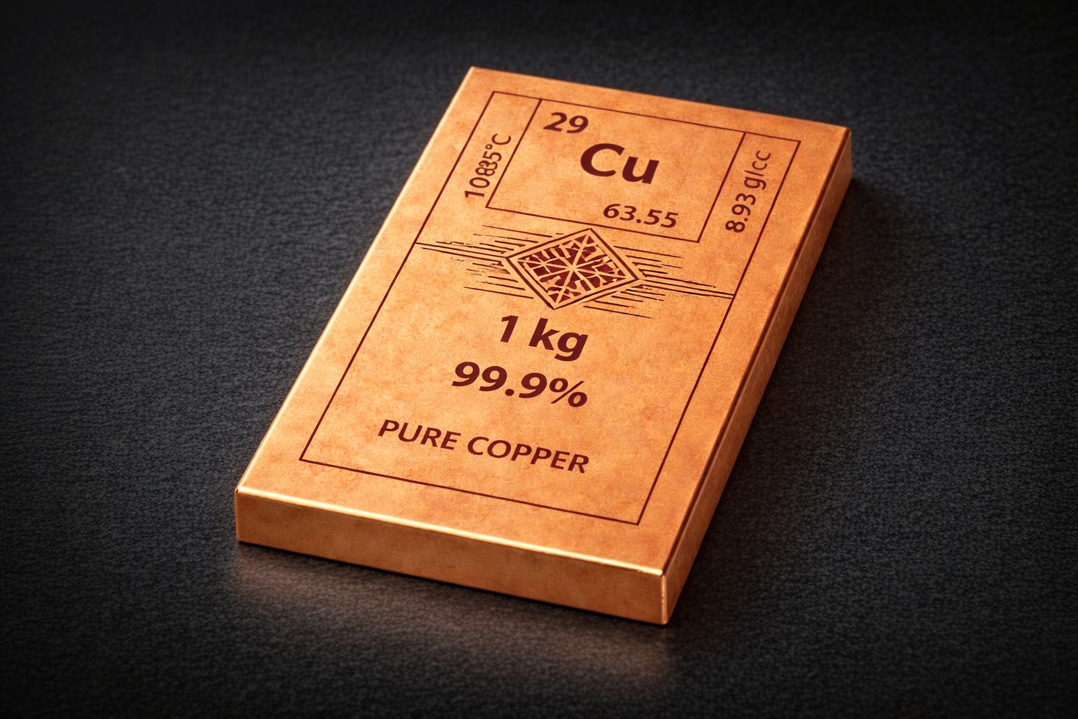 1kg 99.9% Pure Copper Ingot Bar with Elemental Details