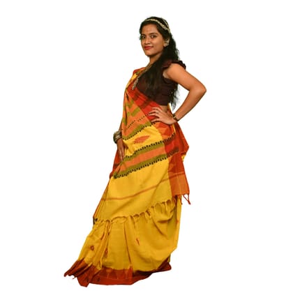 Authentic Kotpad Traditional Cotton Saree | Brick Red with Black Tribal Accents & Woven Striped Pallu | Handwoven by Koraput Tribal Artisans