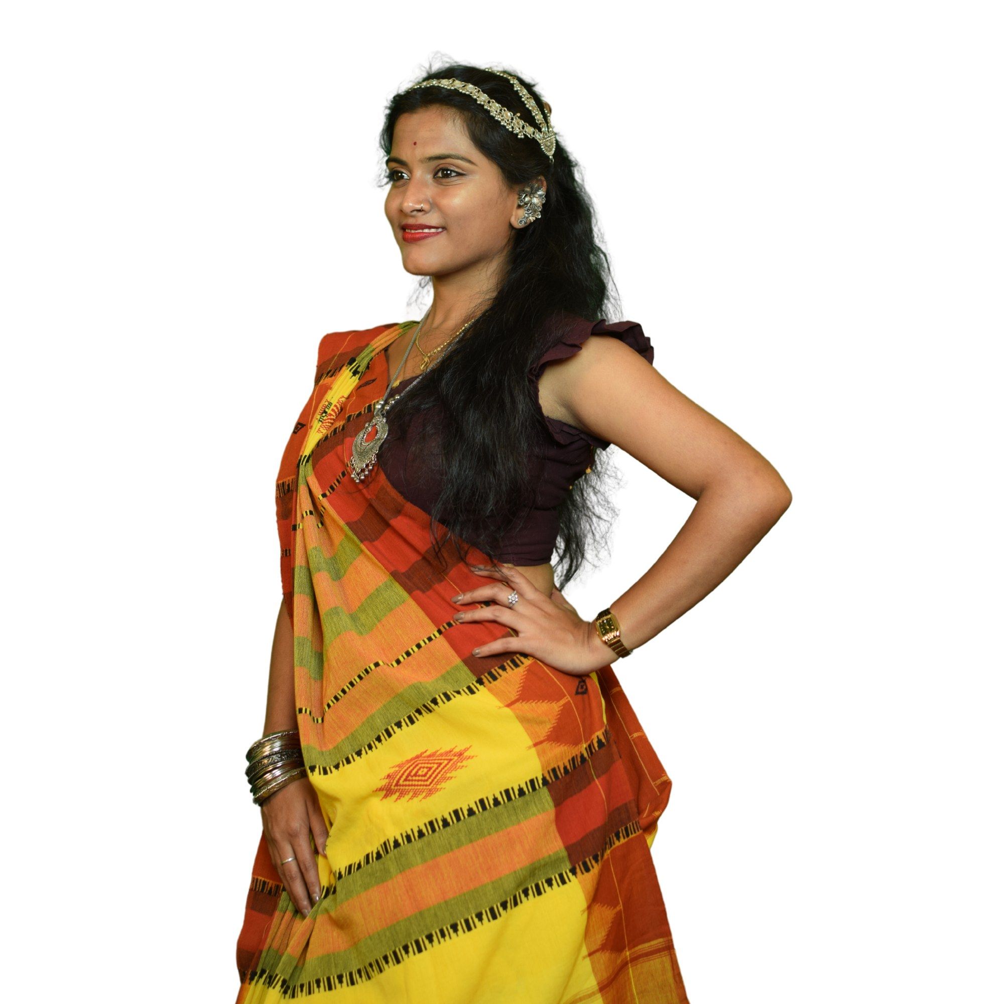 Authentic Kotpad Traditional Cotton Saree | Brick Red with Black Tribal Accents & Woven Striped Pallu | Handwoven by Koraput Tribal Artisans