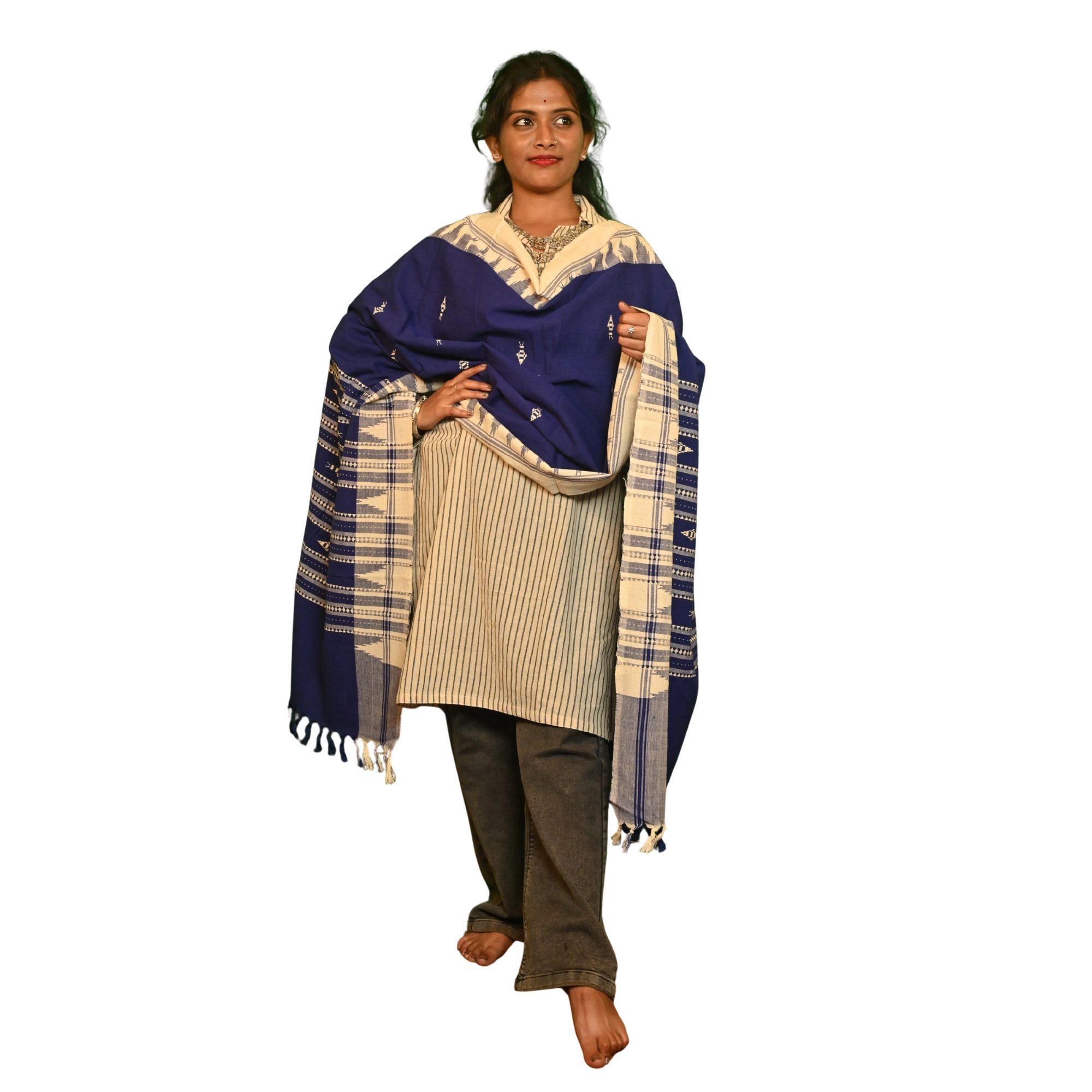 Authentic Kotpad Cotton Dupatta | Indigo Blue with Off-White Tribal Motifs | Handwoven by Koraput Tribal Artisans