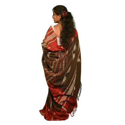 Authentic Kotpad Traditional Cotton Saree | Terracotta Red with Black Tribal Motifs & Woven Striped Pallu | Handwoven by Koraput Tribal Artisans