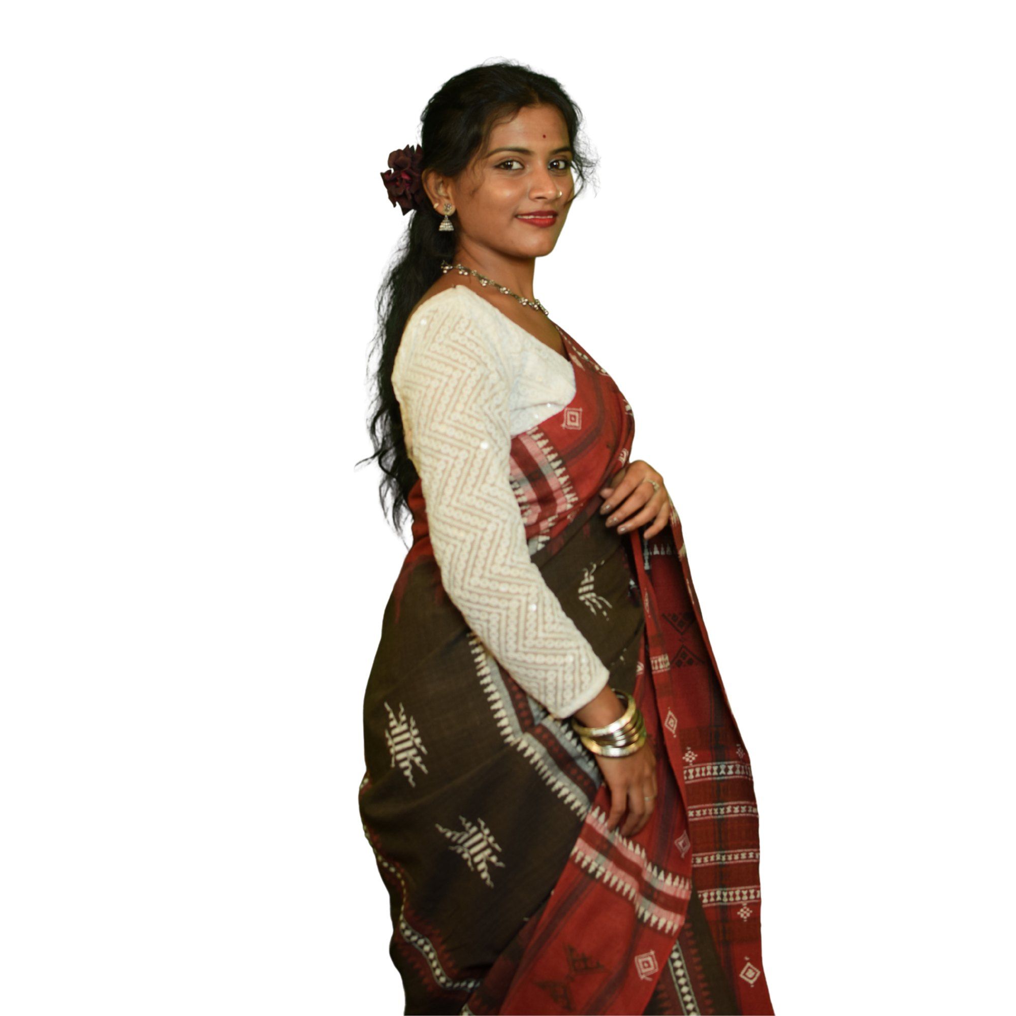Authentic Kotpad Traditional Cotton Saree | Terracotta Red with Black Tribal Motifs & Woven Striped Pallu | Handwoven by Koraput Tribal Artisans