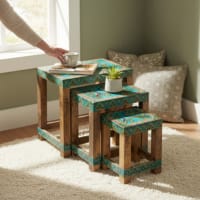 Wooden Brass Nesting Stool Coffee Table For Home Decor Setof3