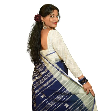 Authentic Kotpad Traditional Cotton Saree | Indigo Blue with Off-White Tribal Motifs & Striped Woven Pallu | Handwoven by Koraput Tribal Artisans