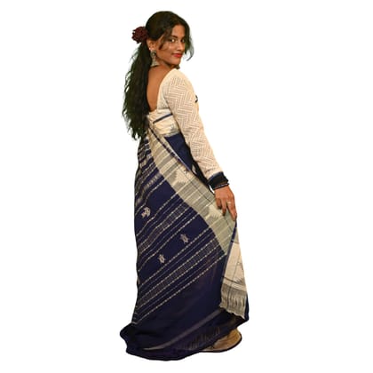 Authentic Kotpad Traditional Cotton Saree | Indigo Blue with Off-White Tribal Motifs & Striped Woven Pallu | Handwoven by Koraput Tribal Artisans