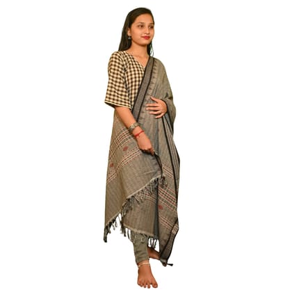 Kotpad Handwoven Cotton Dupatta | Grey with Red Tribal Motifs | Natural Dye