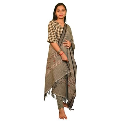 Kotpad Handwoven Cotton Dupatta | Grey with Red Tribal Motifs | Natural Dye