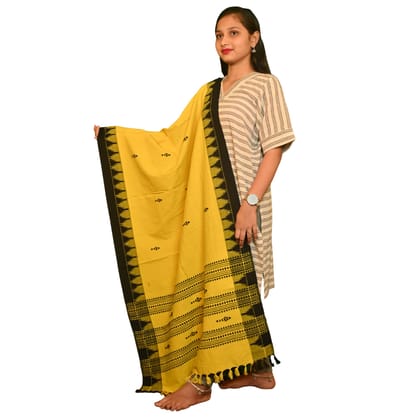 Authentic Kotpad Handwoven Cotton Dupatta | Mustard Yellow with Black Tribal Motifs & Striped Pallu | Koraput Odisha