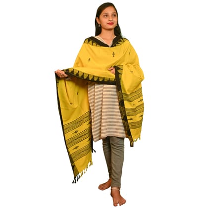 Authentic Kotpad Handwoven Cotton Dupatta | Mustard Yellow with Black Tribal Motifs & Striped Pallu | Koraput Odisha