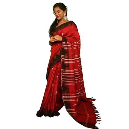 Authentic Kotpad Traditional Tussar Silk Saree | Crimson Red with Black & Ivory Tribal Motifs & Woven Striped Pallu | Handwoven by Koraput Tribal Artisans
