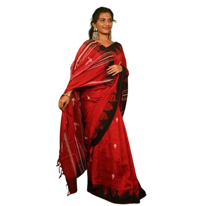 Authentic Kotpad Traditional Tussar Silk Saree | Crimson Red with Black & Ivory Tribal Motifs & Woven Striped Pallu | Handwoven by Koraput Tribal Artisans