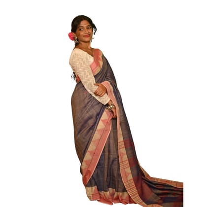Authentic Kotpad Traditional Tussar Silk Saree | Rust Red with Black Tribal Motifs & Striped Woven Pallu | Handwoven by Koraput Tribal Artisans