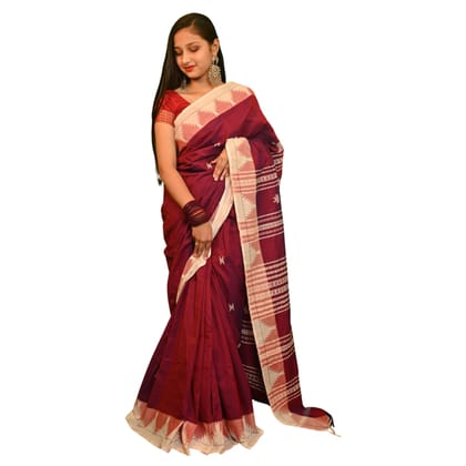 Authentic Kotpad Traditional Tussar Silk Saree | Rust Red with Black Tribal Motifs & Striped Woven Pallu | Handwoven by Koraput Tribal Artisans