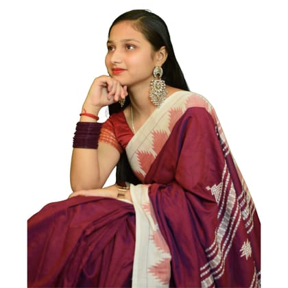 Authentic Kotpad Traditional Tussar Silk Saree | Rust Red with Black Tribal Motifs & Striped Woven Pallu | Handwoven by Koraput Tribal Artisans