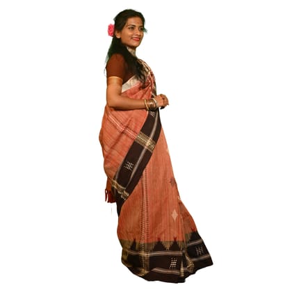 Authentic Kotpad Traditional Tussar Silk Saree | Warm Rust with Ivory Tribal Motifs & Woven Striped Pallu