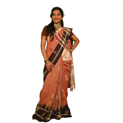 Authentic Kotpad Traditional Tussar Silk Saree | Warm Rust with Ivory Tribal Motifs & Woven Striped Pallu