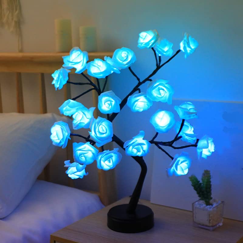 GLOWSERIE Turquoise Illuminated Rose Bonsai Tree Lamp with Base