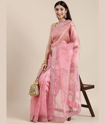 Rangtulika Ethnics Organza Woven Banarasi saree With Unstitched Blouse Piece ( Pink )