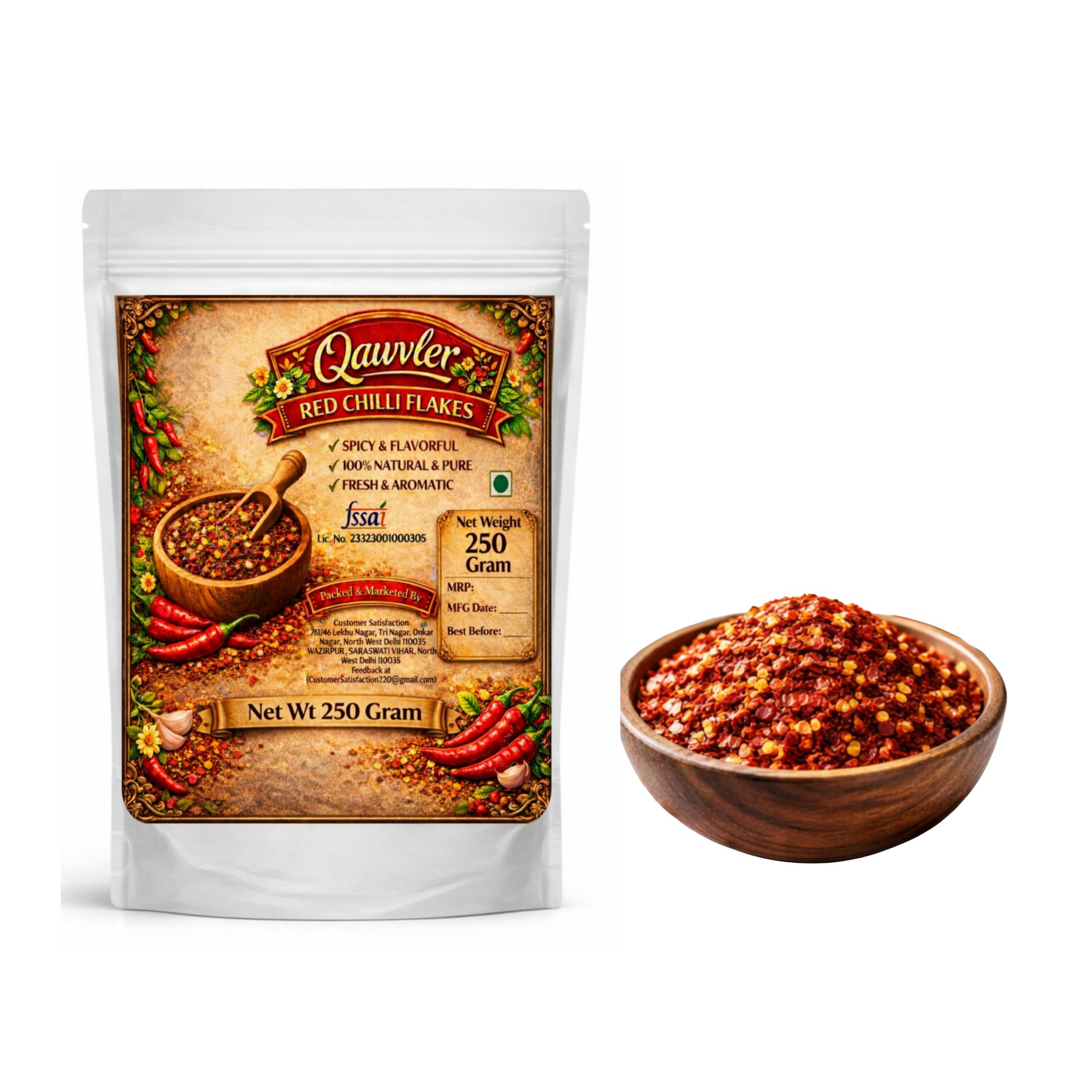Qawvler Red Chilli Flakes | Spicy & Flavorful,100% | Natural & Pure Taste | Fresh & Aromatic | 250 Gram (Pouch)