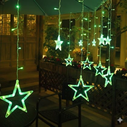 GLOWSERIE Stylish Green Star Curtain Lights for Home Interior, Hotel, and Party Lighting