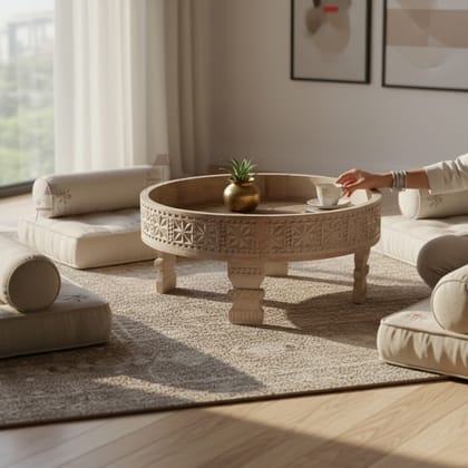 VM ANTIQUE DECOR Handicraft Home-Living Multipurpose Chakki-Table,Beautiful Painted Carved Wooden Grinder-Table,Drawing Room Decors Brass-Embossed Round Coffee-Table