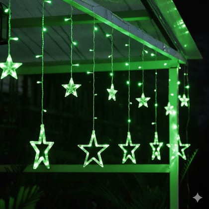 GLOWSERIE Green LED Star Waterfall Curtain Lights for Room, Wall, and Window Decoration