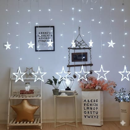 GLOWSERIE  White Hanging Star Curtain LED String Lights for Bedroom, Living Room, Wedding & Party Decoration (Plug-in, Remote Control, 8 Modes)
