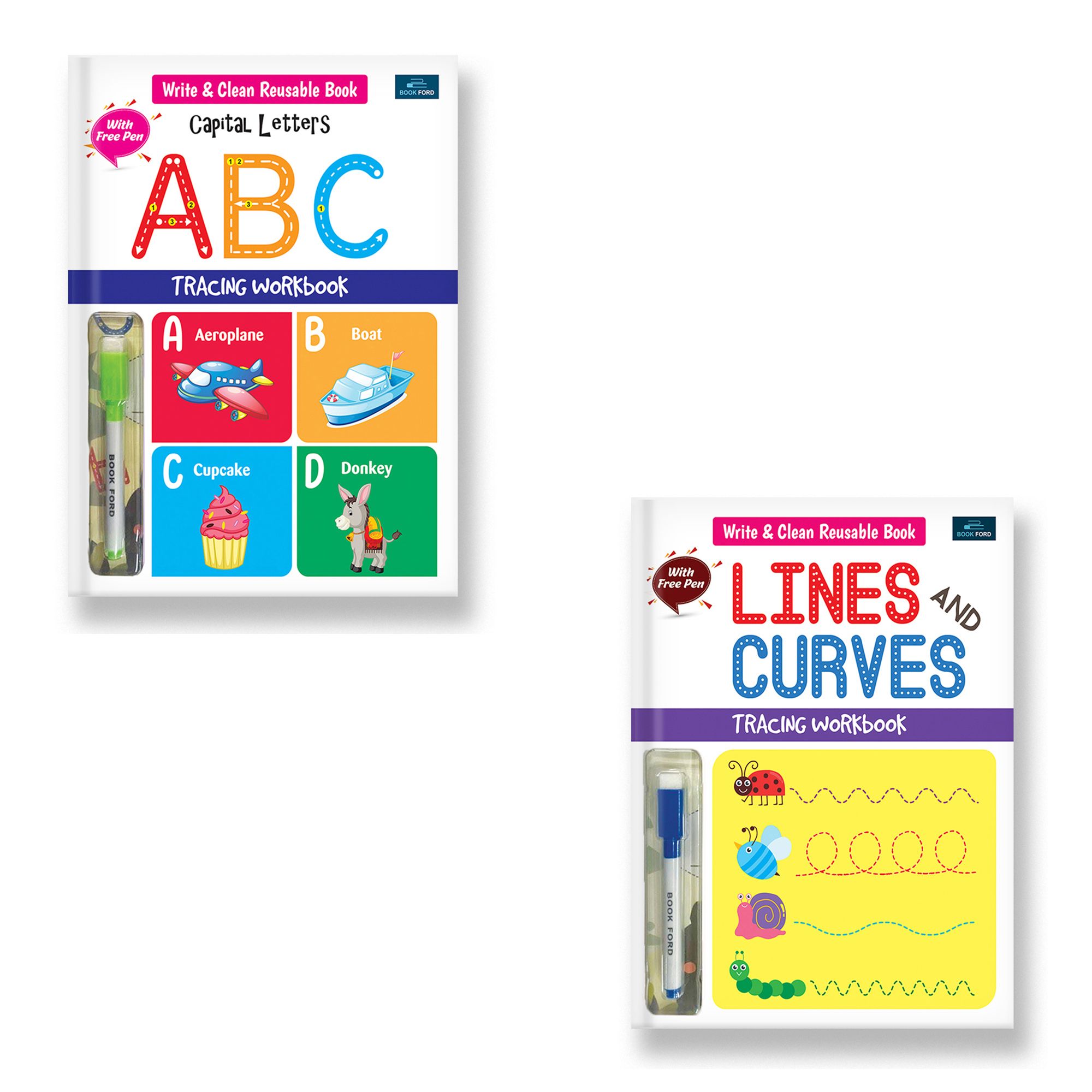 Write & Clean Reusable Book - Set Of 2 Books - Alphabet Capital Letters, Lines & Curves For Kids