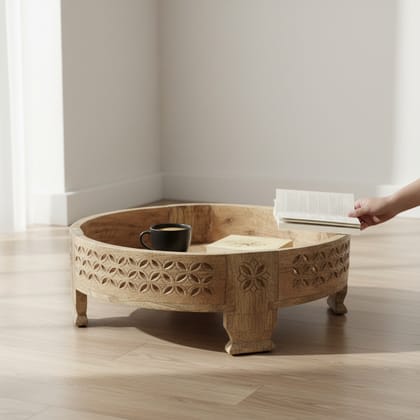 VM ANTIQUE DECOR Handicraft Moon-Table Cum Round Coffee-Table,Bedroom Decors Wooden Lamp-Table,Mutlipurpose Carved Chakki-Table for Home/Office