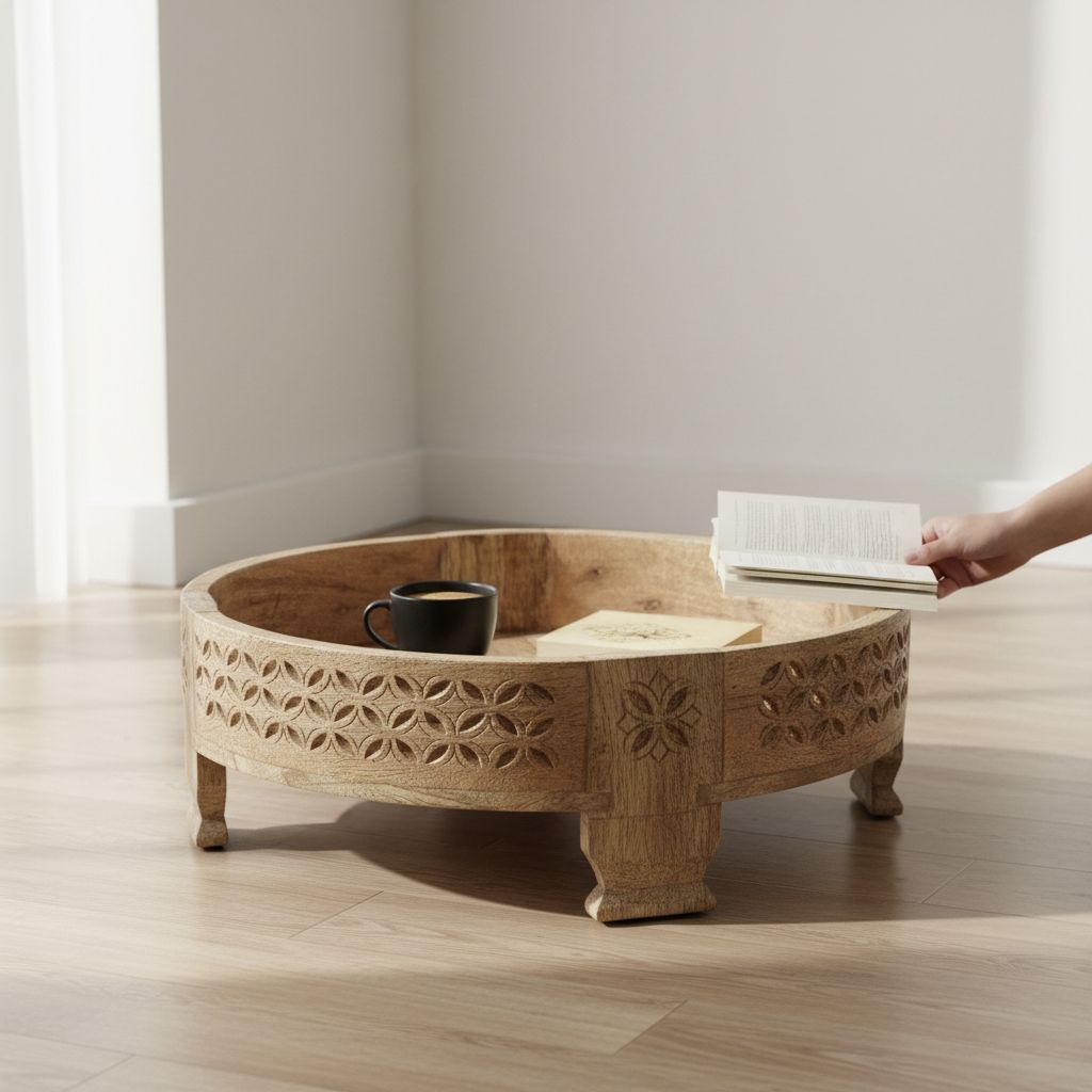 VM ANTIQUE DECOR Handicraft Moon-Table Cum Round Coffee-Table,Bedroom Decors Wooden Lamp-Table,Mutlipurpose Carved Chakki-Table for Home/Office