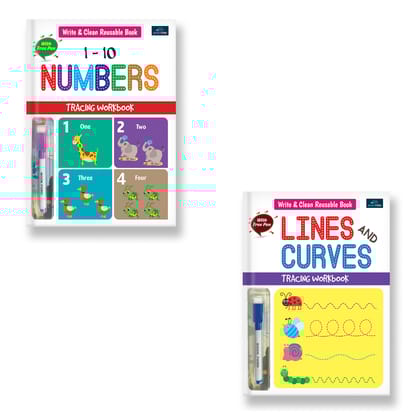 Write & Clean Reusable Book - Set Of 2 Books - Numbers, Lines & Curves Books For kids