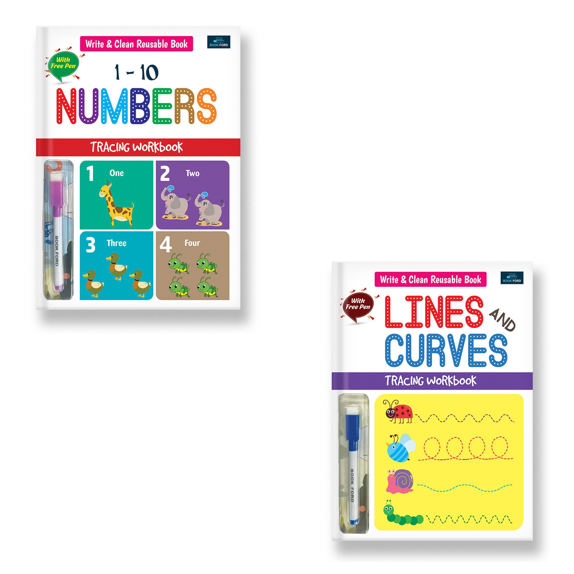 Write & Clean Reusable Book - Set Of 2 Books - Numbers, Lines & Curves Books For kids