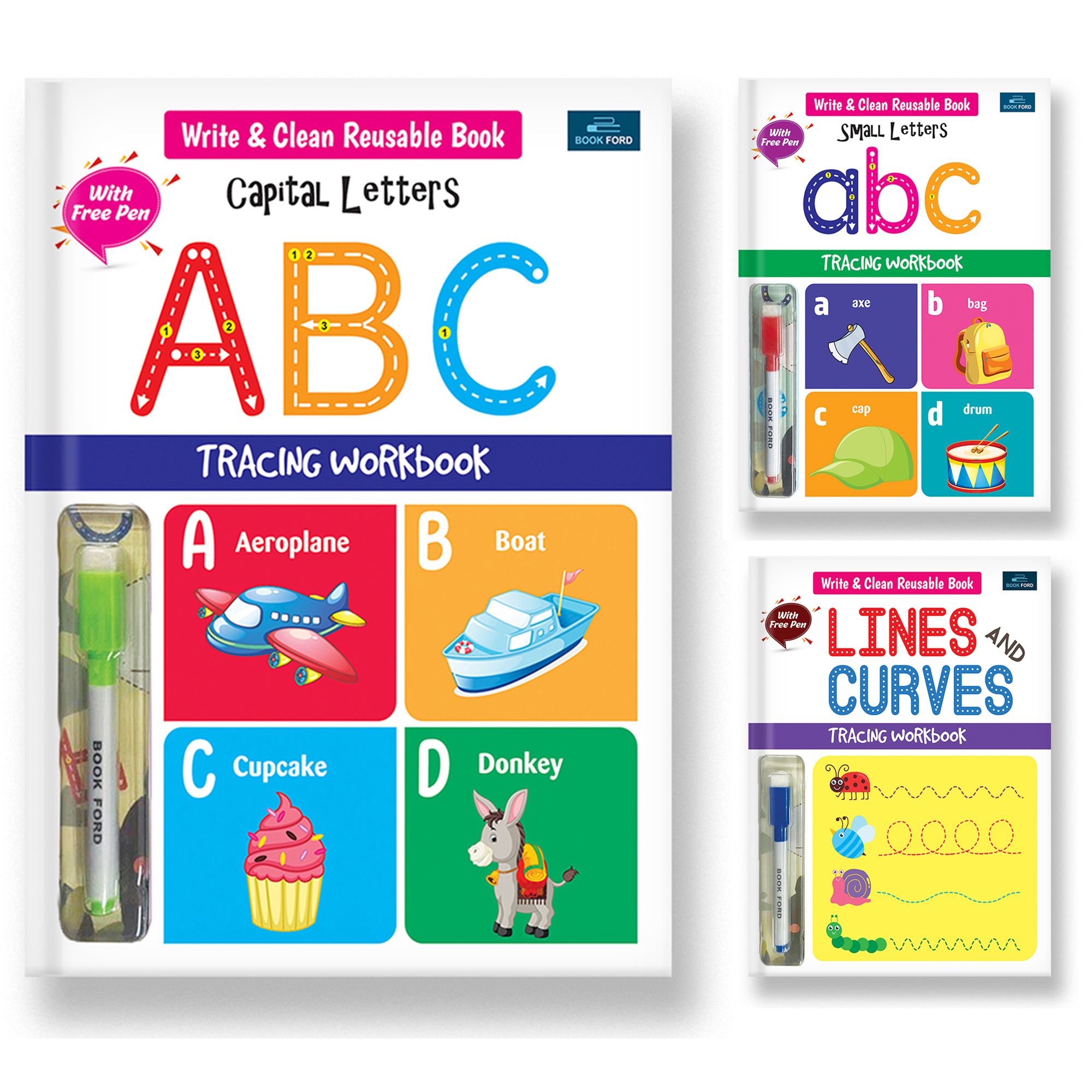 Write & Clean Reusable Book - Set Of 3 Books - Alphabet Capital Letters, Alphabet Small Letters, And Lines & Curves Books For Kids