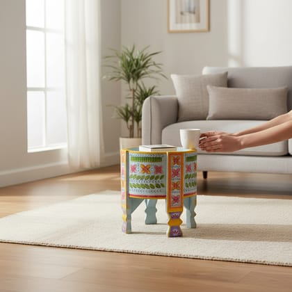 Wooden Painted Table | Handicraft Carved Chakki Table