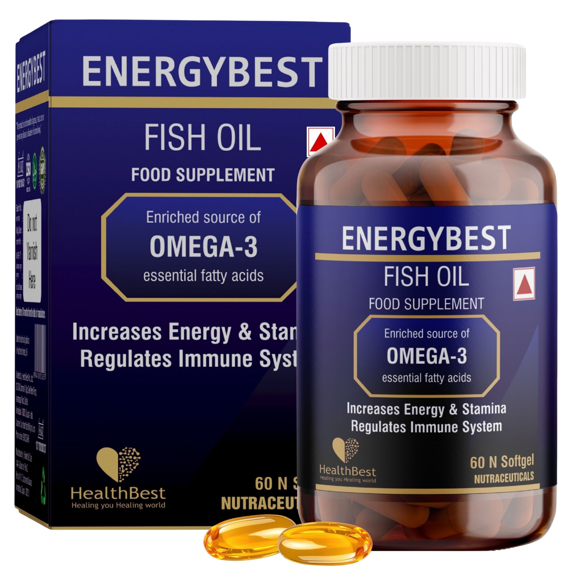 HealthBest EnergyBest Fish Oil Soft Gel capsules | Omega 3 | Increase Energy & Stamina | 1000mg - 60 Capsules