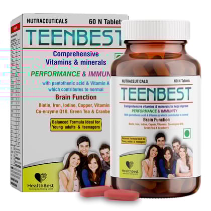 HealthBest Teenbest Multivitamin & Minerals Supplement for Teenagers | Healthy Growth | Immunity | Iron, Biotin, Iodine, Copper, Co-enzyme Q10 | 60 Tablets
