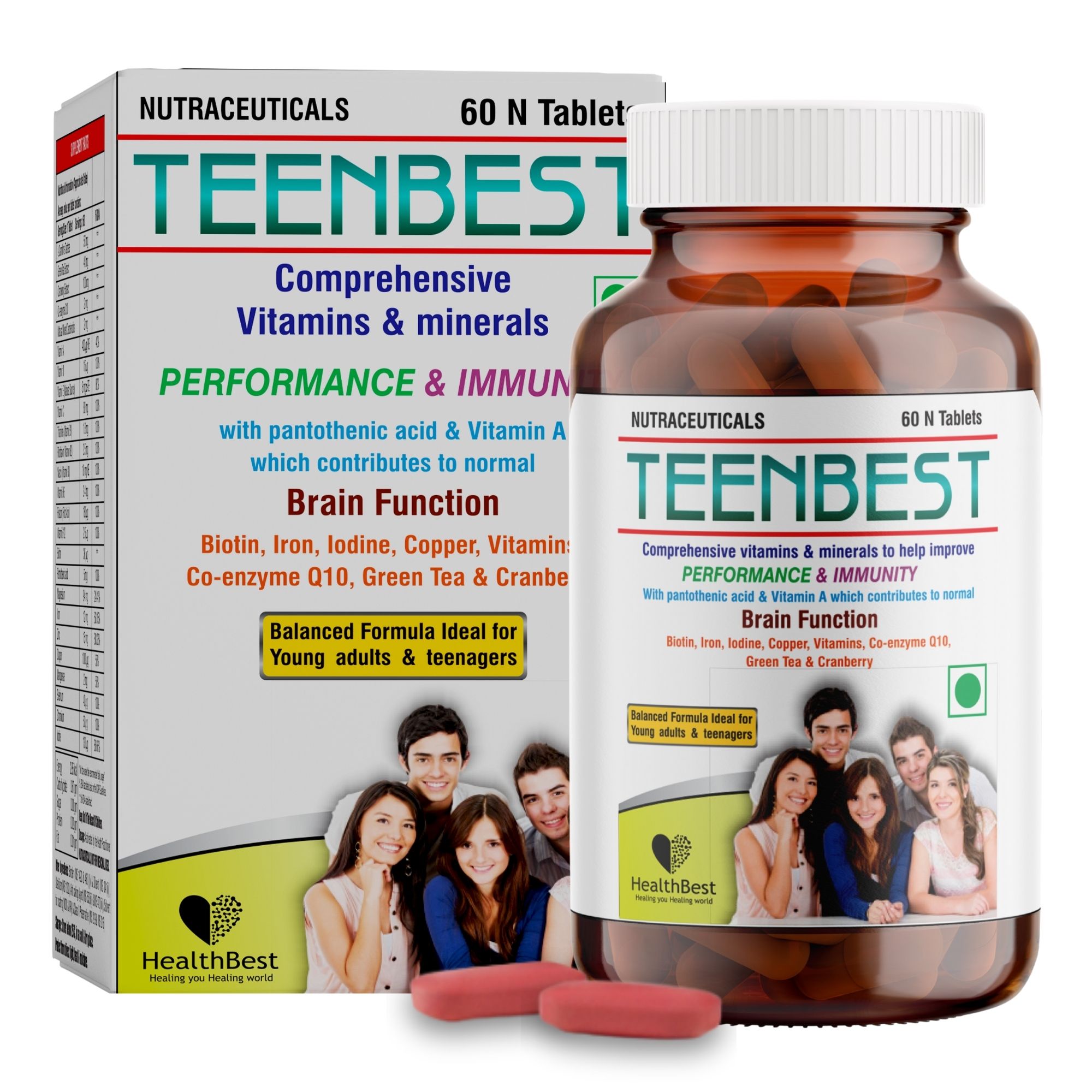 HealthBest Teenbest Multivitamin & Minerals Supplement for Teenagers | Healthy Growth | Immunity | Iron, Biotin, Iodine, Copper, Co-enzyme Q10 | 60 Tablets