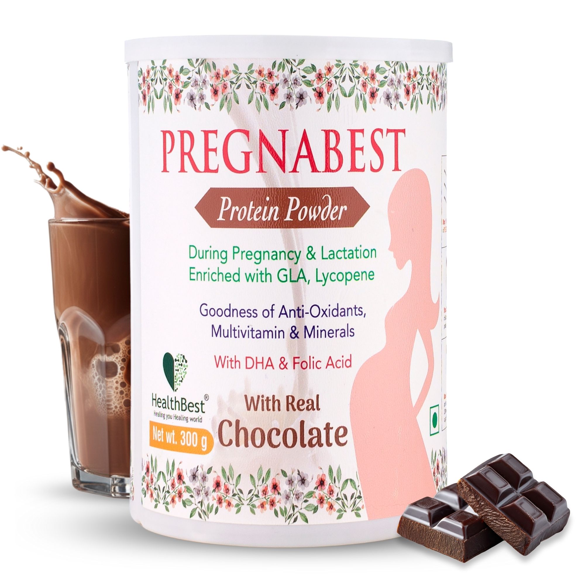 HealthBest Pregnabest Chocolate Lactation Powder - 300gm - Boost Milk Supply for Breastfeeding Moms - Antioxidants, Multivitamins & Minerals - Pregnancy & Prenatal Care