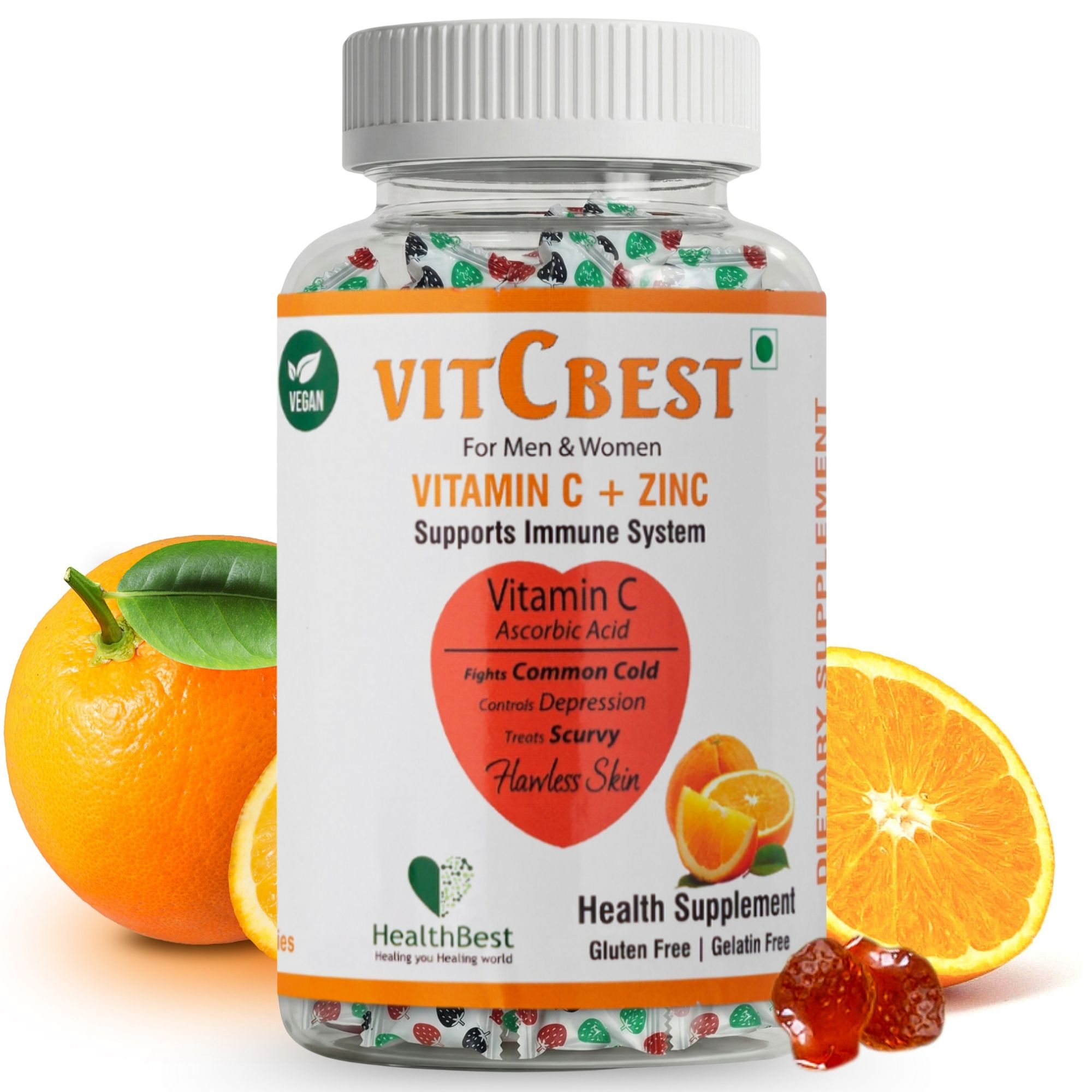 HealthBest VitCbest Vitamin C + Zinc Gummies | Immunity Booster | Antioxidants | Free of Gluten, Soy & Dairy | For Men & Women - 30 Gummies (Orange Flavor)