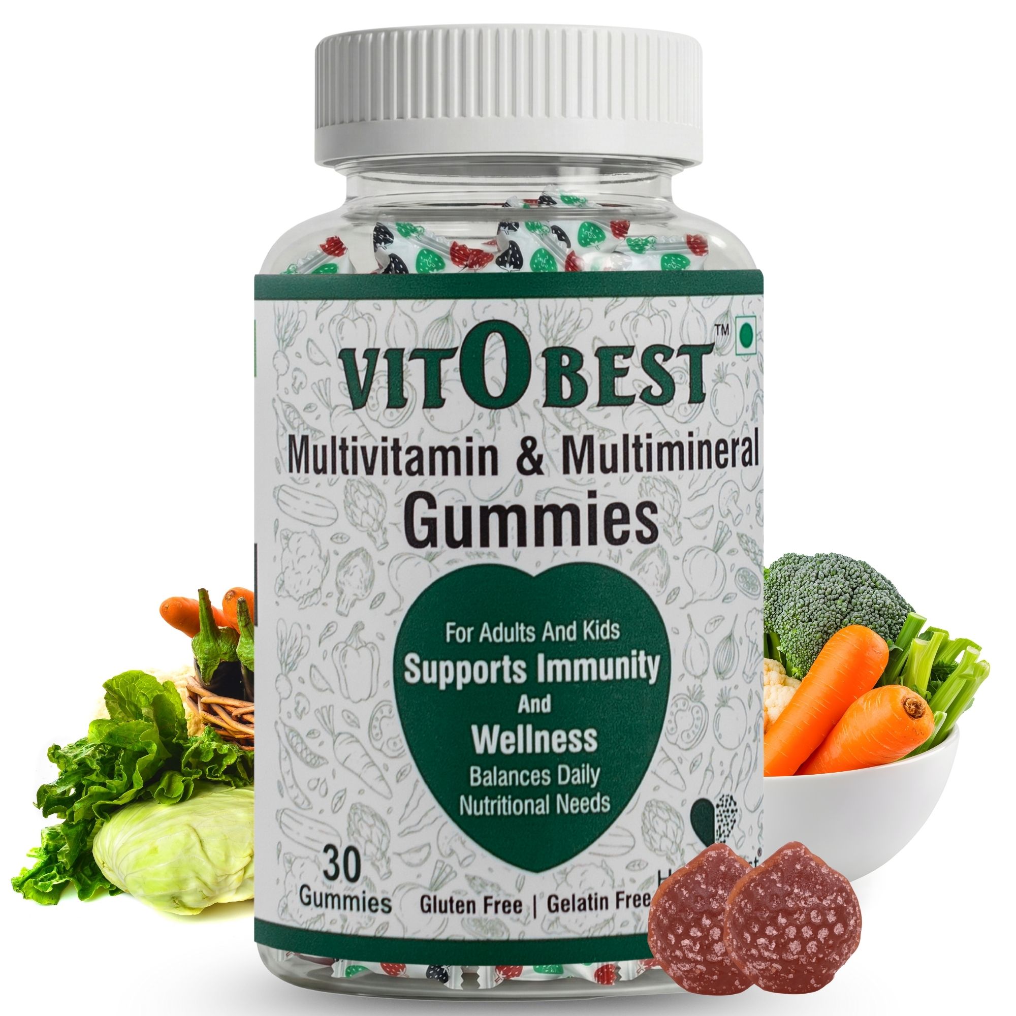 HealthBest VitOBest Multivitamin Gummies for Men & Women - Immune Support, Energy Boost, Probiotics, Antioxidants, Vitamins A & B - Adult Gummies, 30 Mixed-Fruit Flavor