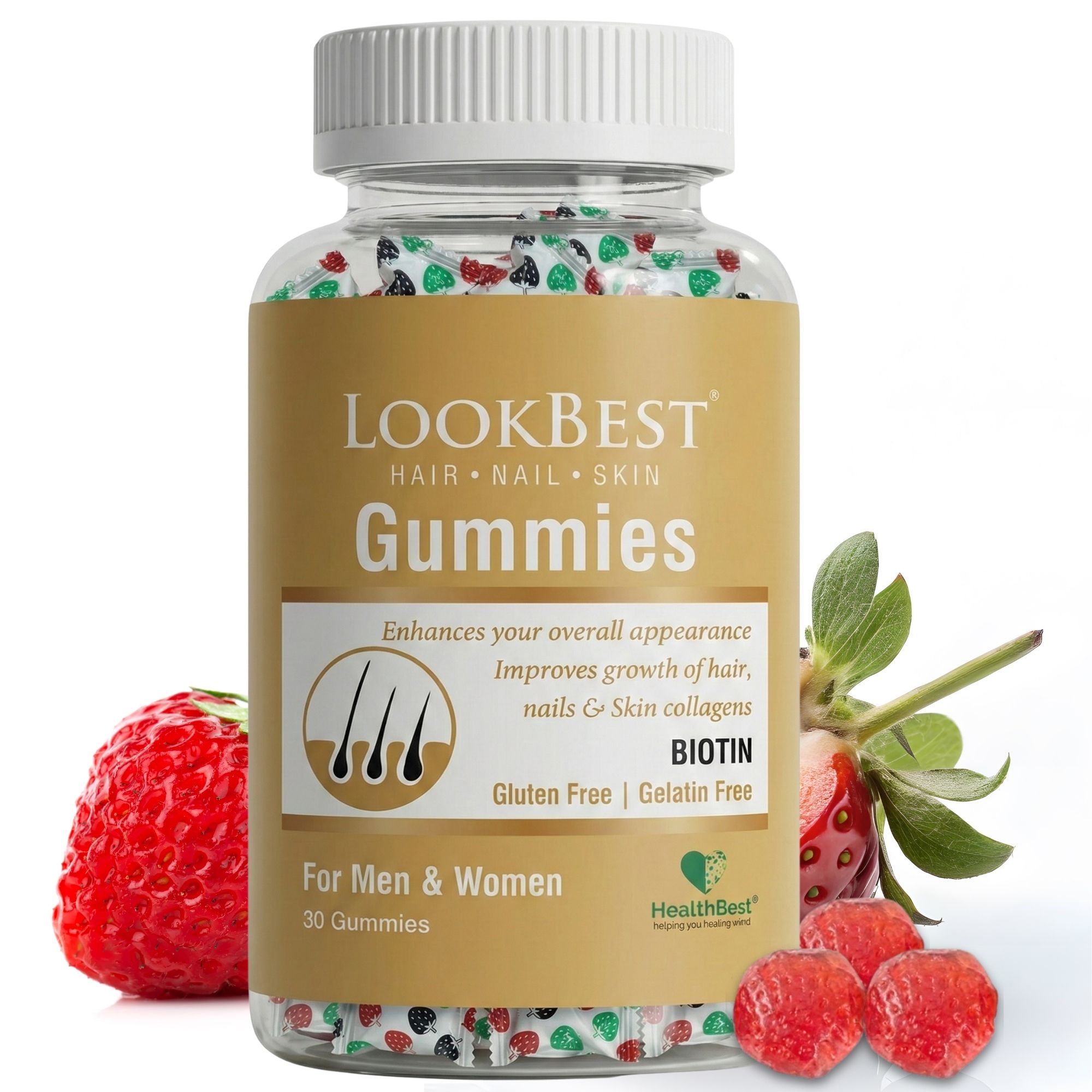 HealthBest Hair, Nail & Skin Gummies - Biotin, Vitamin C, E & Inositol for Healthy Hair, Nails & Skin - 30 Strawberry Flavor Gummies for Men & Women