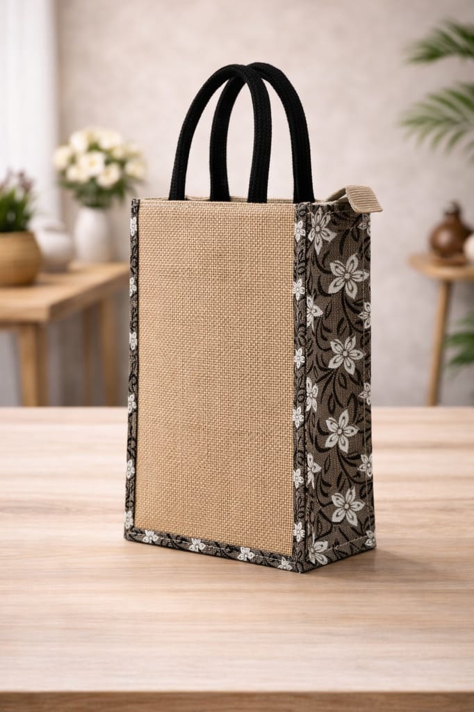 Stylish Jute Floral Print Small Tote Bag with Rope Handles