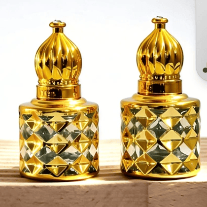 Mii Art Vintage-Style Golden Glass 10ml Attar Bottle – Decorative Luxury Refillable Container for Essential Oils and Rose Water(pack of 2 pcs)