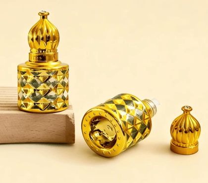 Mii Art Vintage-Style Golden Glass 10ml Attar Bottle – Decorative Luxury Refillable Container for Essential Oils and Rose Water(pack of 2 pcs)