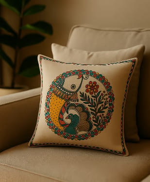 Madhubani Fish & Peacock Art Cotton Cushion Cover